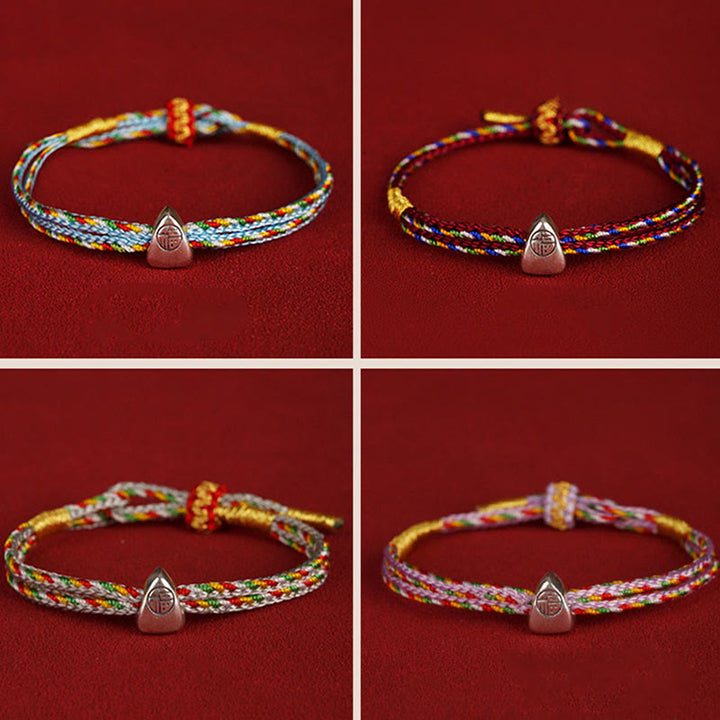 Buddha Stones Pulsera de cuerda multicolor con carácter Fu de suerte de plata de ley 925 para niños y adultos