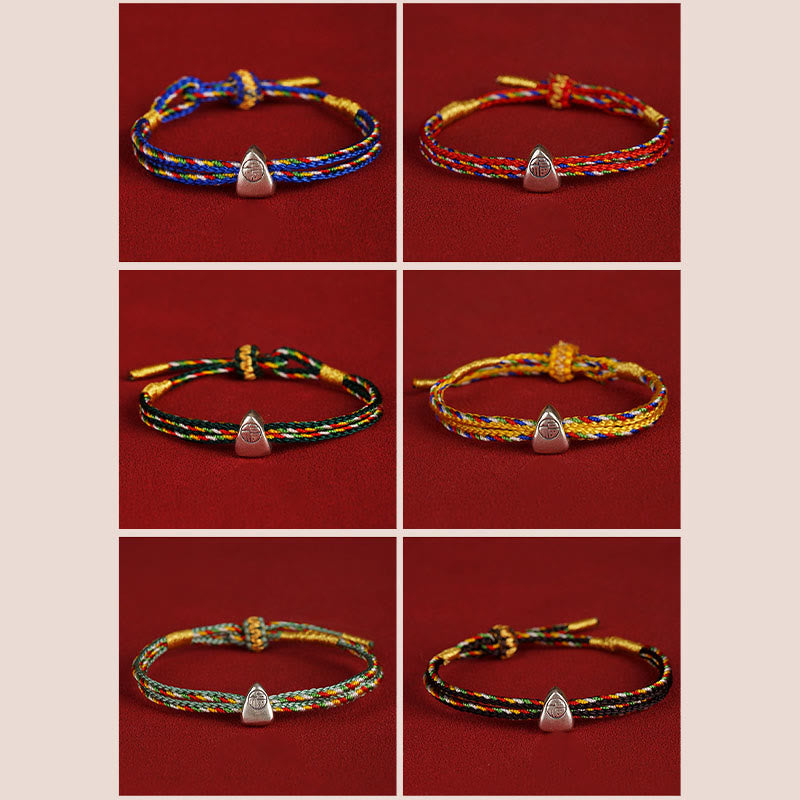 Buddha Stones Pulsera de cuerda multicolor con carácter Fu de suerte de plata de ley 925 para niños y adultos