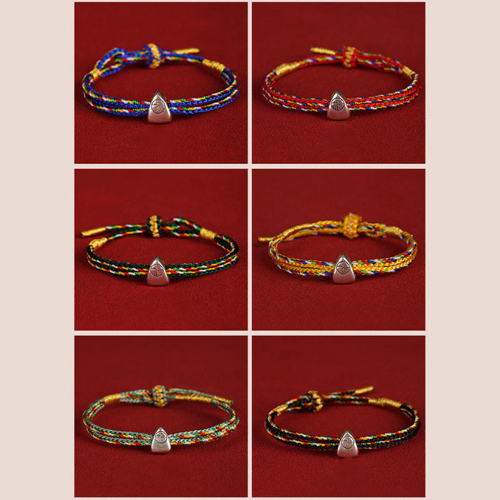 Buddha Stones Pulsera de cuerda multicolor con carácter Fu de suerte de plata de ley 925 para niños y adultos