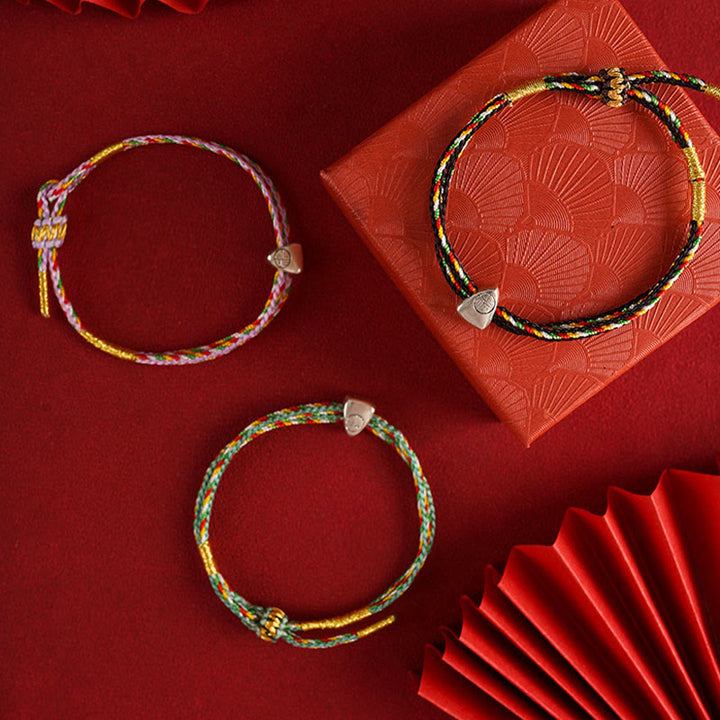 Buddha Stones Pulsera de cuerda multicolor con carácter Fu de suerte de plata de ley 925 para niños y adultos