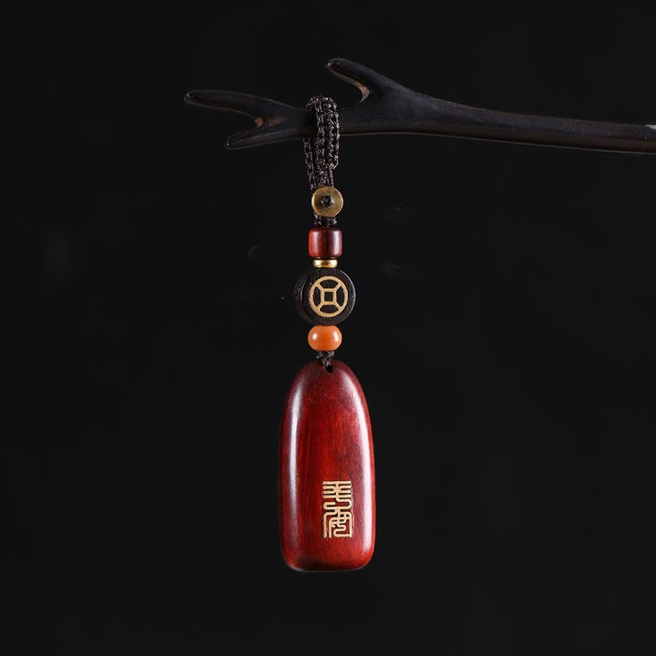 Buddha Stones Llaveros de Protección con Moneda de Cobre de Sándalo Rojo de Hoja Pequeña y Madera de Ébano de Paz Auspiciosa