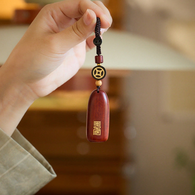 Buddha Stones Llaveros de Protección con Moneda de Cobre de Sándalo Rojo de Hoja Pequeña y Madera de Ébano de Paz Auspiciosa