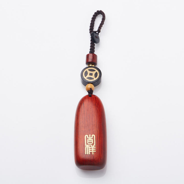 Buddha Stones Llaveros de Protección con Moneda de Cobre de Sándalo Rojo de Hoja Pequeña y Madera de Ébano de Paz Auspiciosa