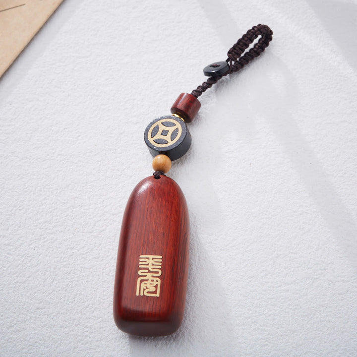 Buddha Stones Llaveros de Protección con Moneda de Cobre de Sándalo Rojo de Hoja Pequeña y Madera de Ébano de Paz Auspiciosa