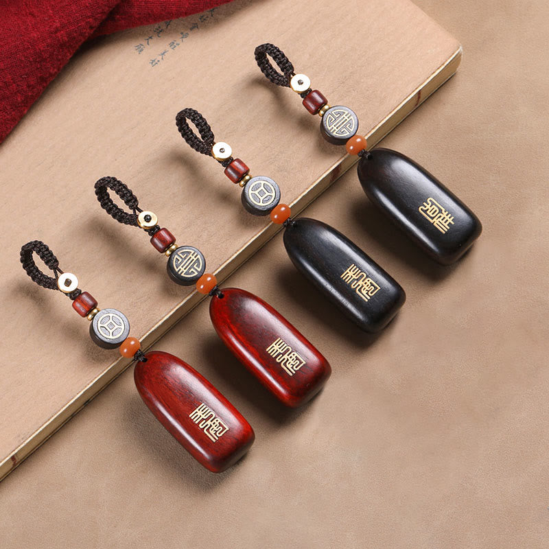 Buddha Stones Llaveros de Protección con Moneda de Cobre de Sándalo Rojo de Hoja Pequeña y Madera de Ébano de Paz Auspiciosa