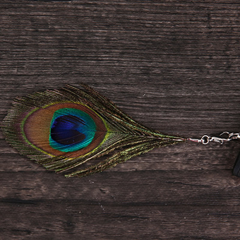 Buddha Stones Abanico Plegable de Bambu con Pluma de Pavo Real de 21.5cm