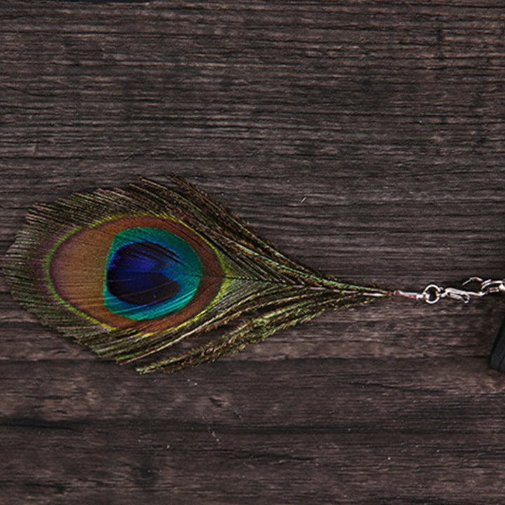 Buddha Stones Abanico Plegable de Bambu con Pluma de Pavo Real de 21.5cm