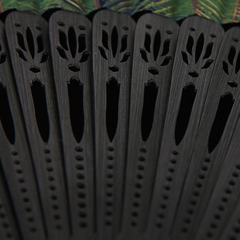 Buddha Stones Abanico Plegable de Bambu con Pluma de Pavo Real de 21.5cm