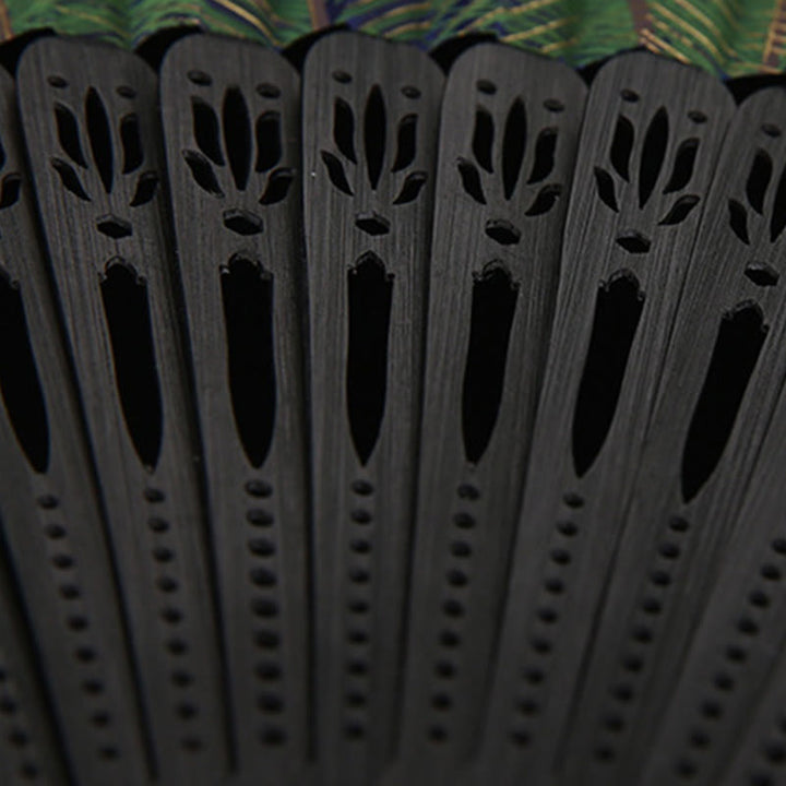 Buddha Stones Abanico Plegable de Bambu con Pluma de Pavo Real de 21.5cm