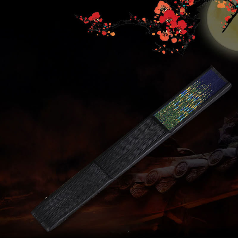 Buddha Stones Abanico Plegable de Bambu con Pluma de Pavo Real de 21.5cm