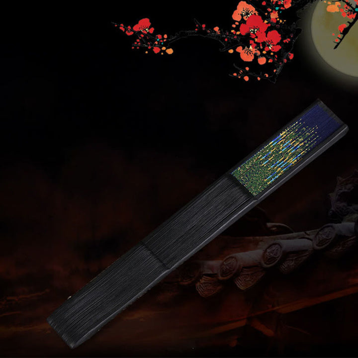 Buddha Stones Abanico Plegable de Bambu con Pluma de Pavo Real de 21.5cm