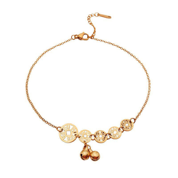 Buddha Stones Monedas de cobre Encanto de campana Tobillera reforzada de acero de titanio