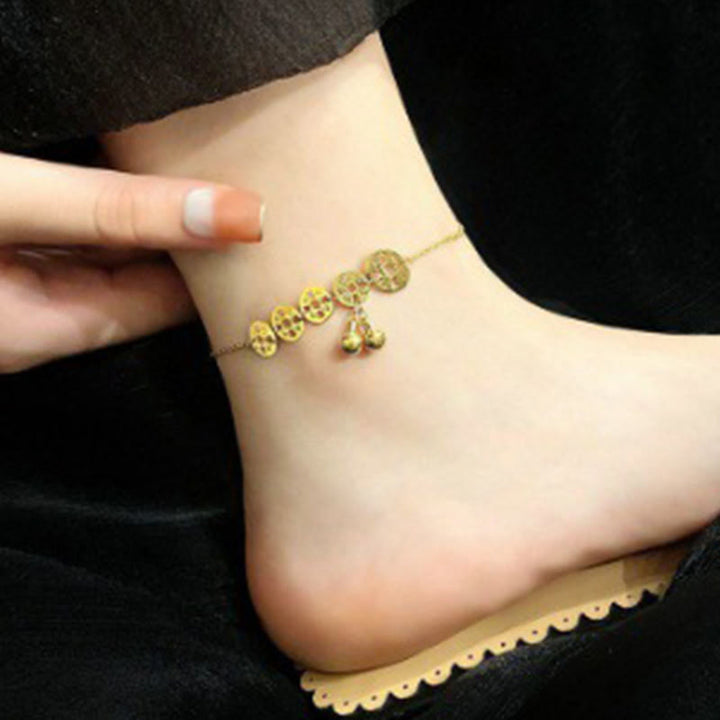 Buddha Stones Monedas de cobre Encanto de campana Tobillera reforzada de acero de titanio