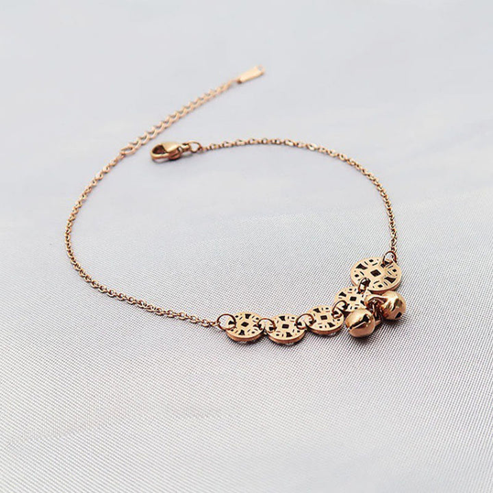 Buddha Stones Monedas de cobre Encanto de campana Tobillera reforzada de acero de titanio