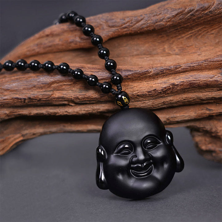 Buddha Stones Collar Colgante de Purificación de Buda Riéndose de Obsidiana Negra Natural