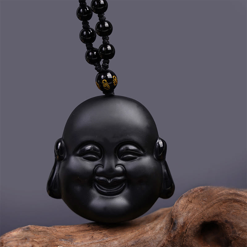 Buddha Stones Collar Colgante de Purificación de Buda Riéndose de Obsidiana Negra Natural