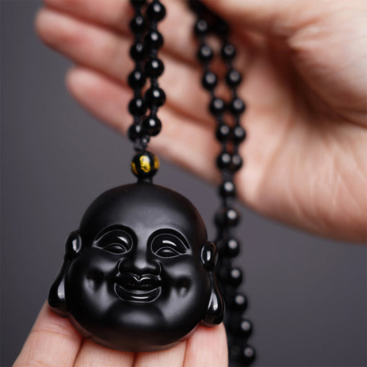 Buddha Stones Collar Colgante de Purificación de Buda Riéndose de Obsidiana Negra Natural
