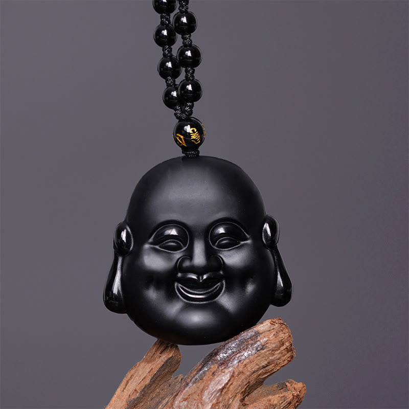 Buddha Stones Collar Colgante de Purificación de Buda Riéndose de Obsidiana Negra Natural