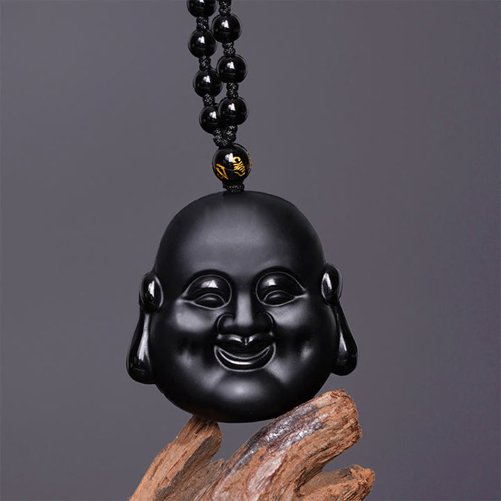 Buddha Stones Collar Colgante de Purificación de Buda Riéndose de Obsidiana Negra Natural