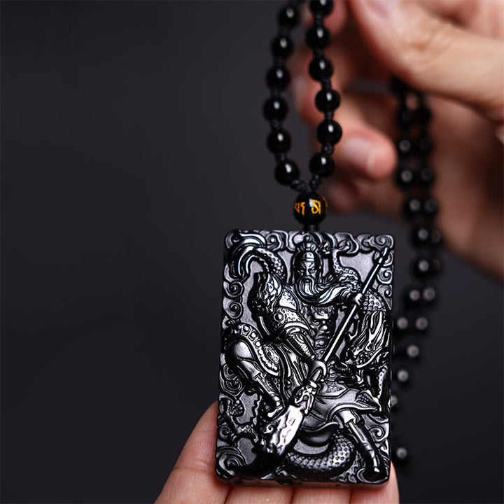 Amuleto de Black Obsidian Guan Gong grabado con fuerza colgante de collar Buddha Stones