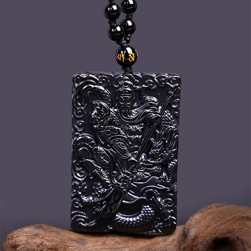 Amuleto de Black Obsidian Guan Gong grabado con fuerza colgante de collar Buddha Stones