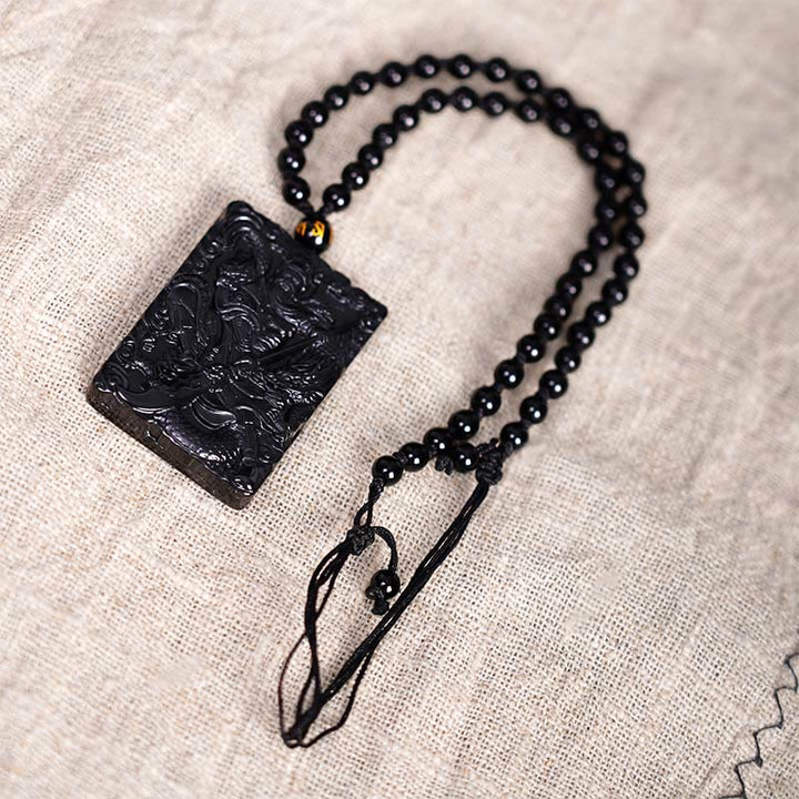 Amuleto de Black Obsidian Guan Gong grabado con fuerza colgante de collar Buddha Stones