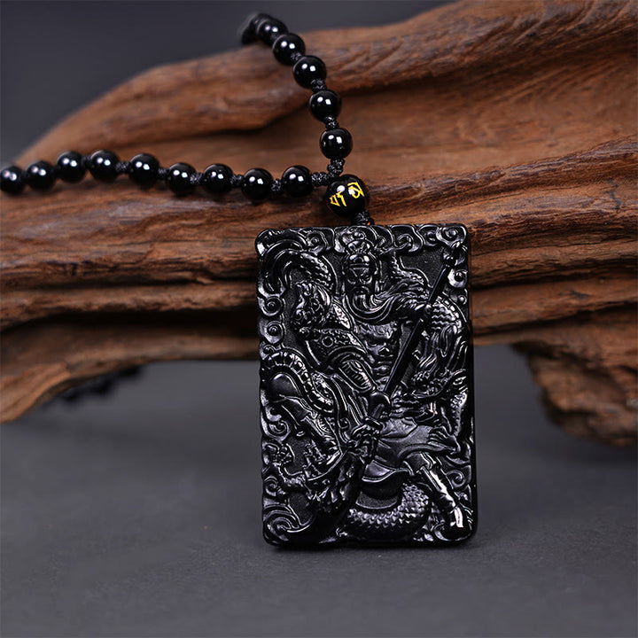 Amuleto de Black Obsidian Guan Gong grabado con fuerza colgante de collar Buddha Stones
