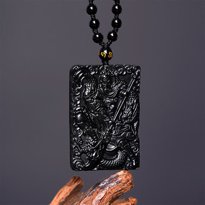 Amuleto de Black Obsidian Guan Gong grabado con fuerza colgante de collar Buddha Stones