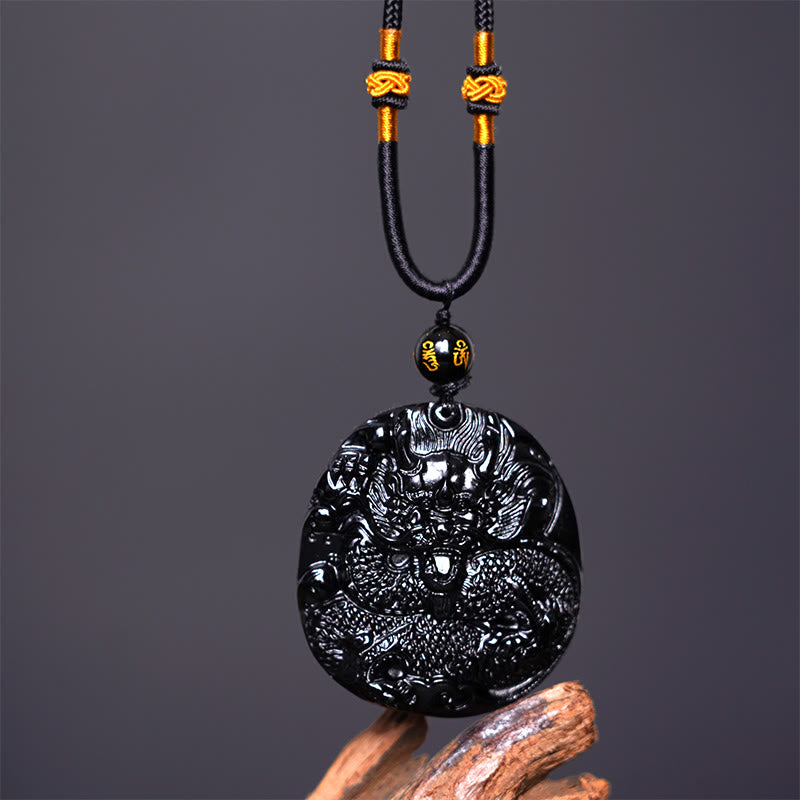 Buddha Stones Colgante de Protección de Collar Natural de Obsidiana Negra con Dragón Tallado - image 4