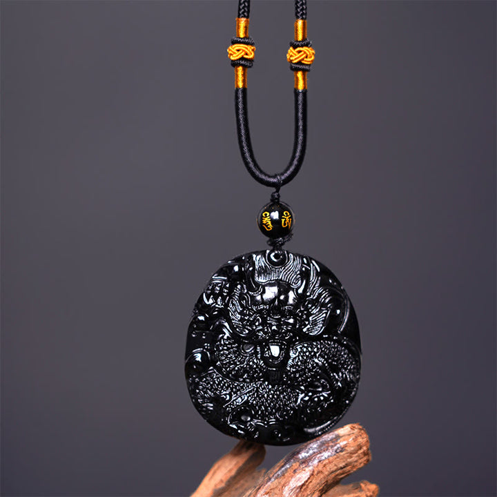 Buddha Stones Colgante de Protección de Collar Natural de Obsidiana Negra con Dragón Tallado - image 4