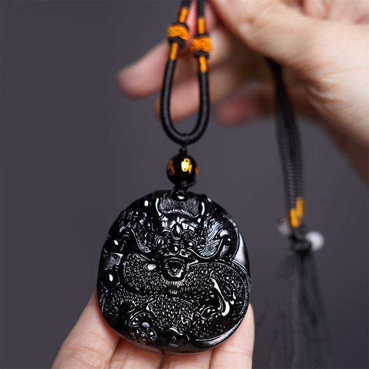 Buddha Stones Colgante de Protección de Collar Natural de Obsidiana Negra con Dragón Tallado - image 3