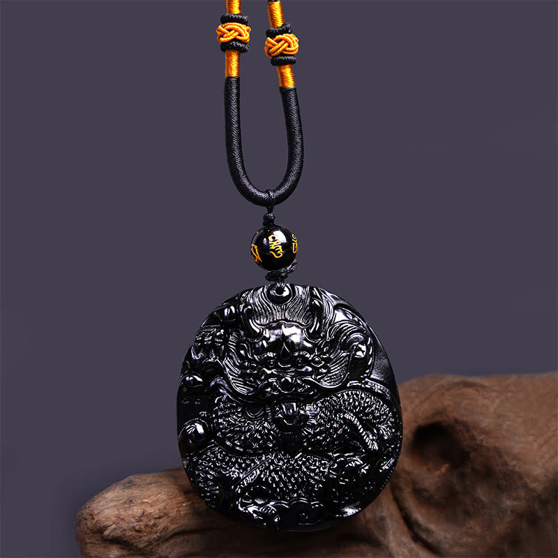 Buddha Stones Colgante de Protección de Collar Natural de Obsidiana Negra con Dragón Tallado - image 5