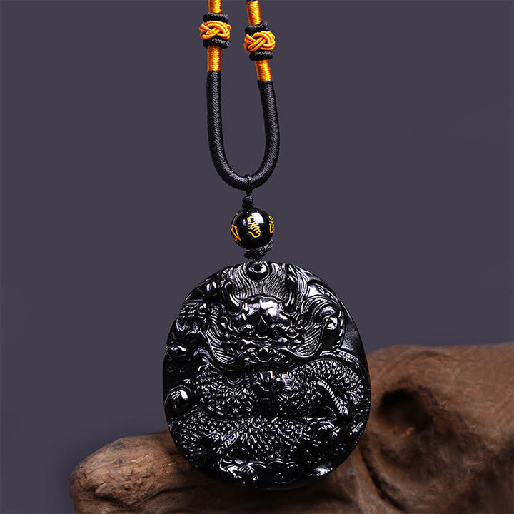 Buddha Stones Colgante de Protección de Collar Natural de Obsidiana Negra con Dragón Tallado - image 5
