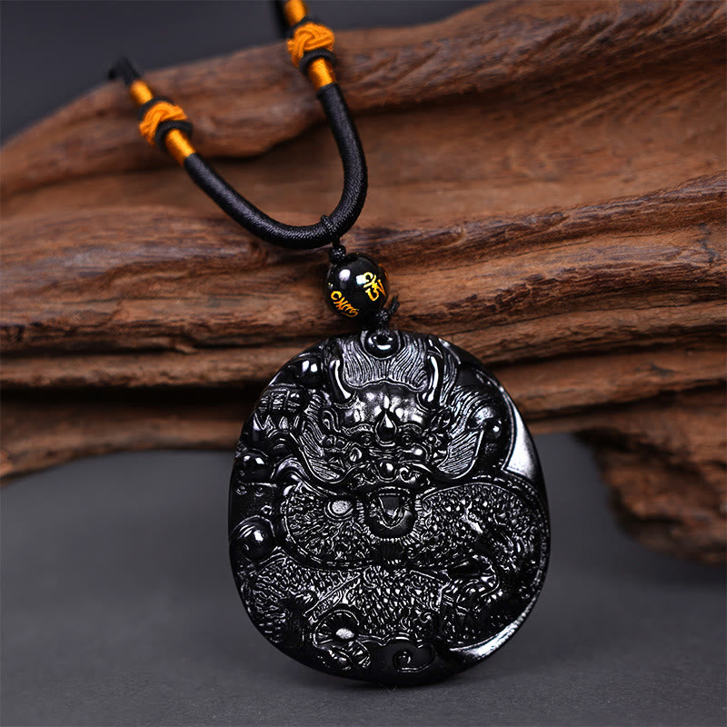 Buddha Stones Colgante de Protección de Collar Natural de Obsidiana Negra con Dragón Tallado - Dragón 45 mm x 48 mm - image 1