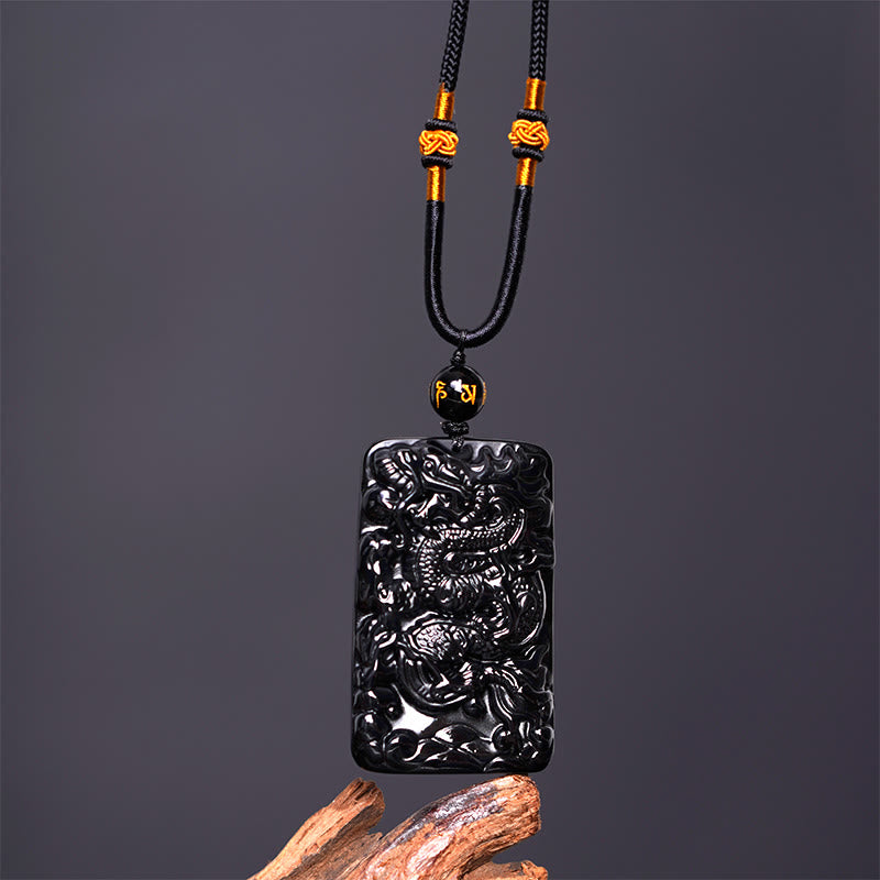 Buddha Stones Collar Colgante de Éxito Rectangular de Dragón Grabado de Obsidiana Negra Natural - image 4
