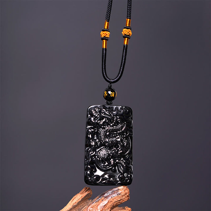 Buddha Stones Collar Colgante de Éxito Rectangular de Dragón Grabado de Obsidiana Negra Natural - image 4