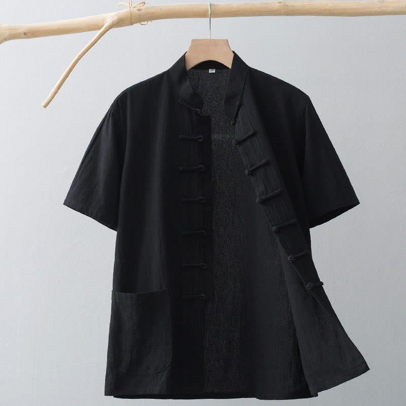 Traje Tang de botones de rana chino Buddha Stones para hombre, camisa de manga corta de algodón y lino con bolsillos. - Negro - US/UK/AU44, EU54 (4XL) - image 16
