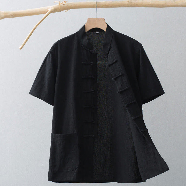 Traje Tang de botones de rana chino Buddha Stones para hombre, camisa de manga corta de algodón y lino con bolsillos. - Negro - US/UK/AU44, EU54 (4XL) - image 16