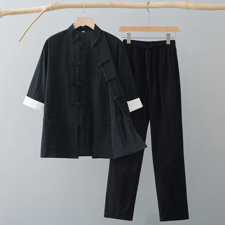 Conjunto de Ropa para Hombre de Manga Corta con Botón de Rana Tradicional y Pantalones de Algodón Buddha Stones - Top negro y pantalones negros - US/UK/AU44, EU54 (4XL)  - image 9