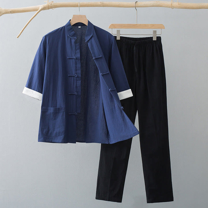 Conjunto de Ropa para Hombre de Manga Corta con Botón de Rana Tradicional y Pantalones de Algodón Buddha Stones - Top azul marino y pantalones negros - US/UK/AU44, EU54 (4XL)  - image 8