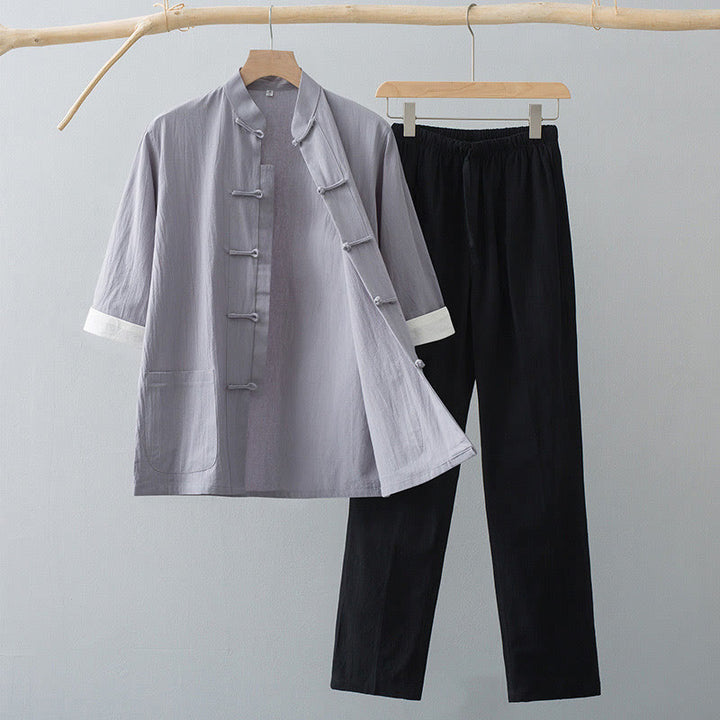 Conjunto de Ropa para Hombre de Manga Corta con Botón de Rana Tradicional y Pantalones de Algodón Buddha Stones - Top gris y pantalones negros - US/UK/AU44, EU54 (4XL)  - image 7