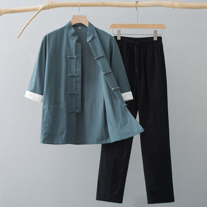 Conjunto de Ropa para Hombre de Manga Corta con Botón de Rana Tradicional y Pantalones de Algodón Buddha Stones - Top verde y pantalones negros - US/UK/AU44, EU54 (4XL)  - image 0