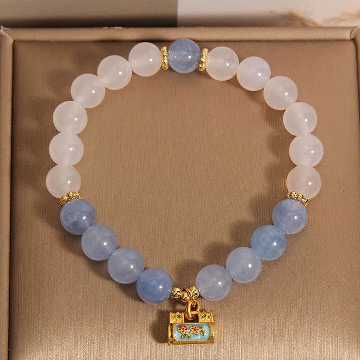 Buddha Stones Pulsera de Protección de Ágata Blanca Natural y Aguamarina