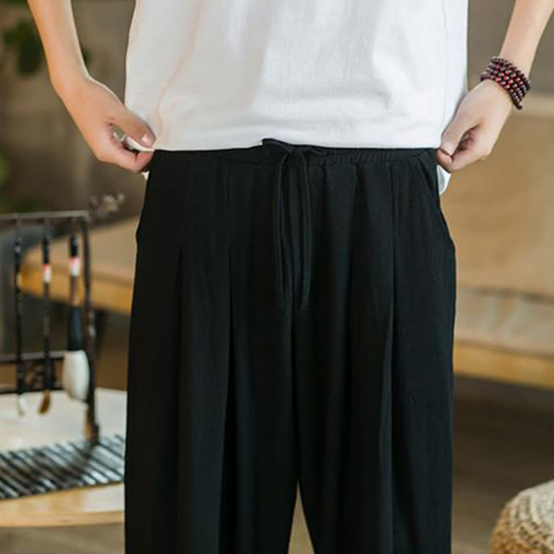 Buddha Stones Pantalones cónicos de algodón y lino para hombre en color liso verano con bolsillos - image 27