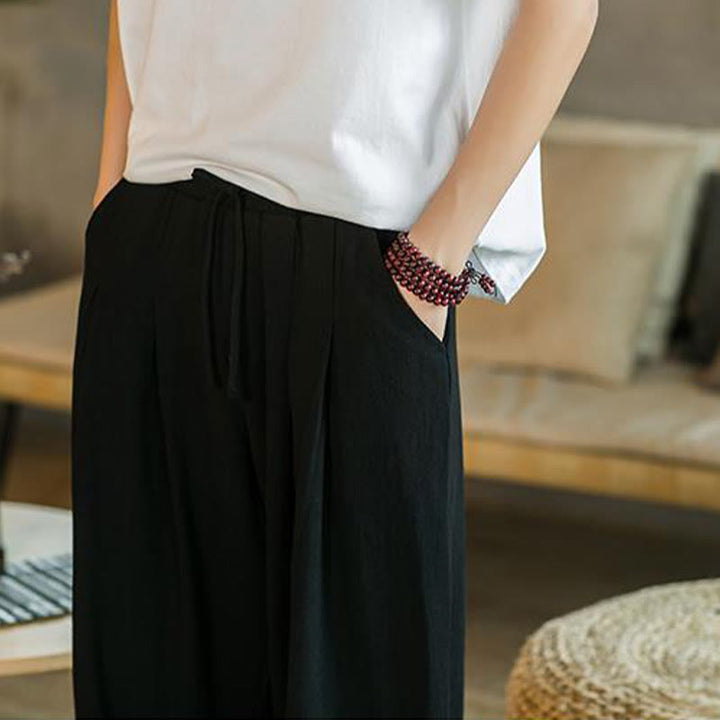 Buddha Stones Pantalones cónicos de algodón y lino para hombre en color liso verano con bolsillos - image 26