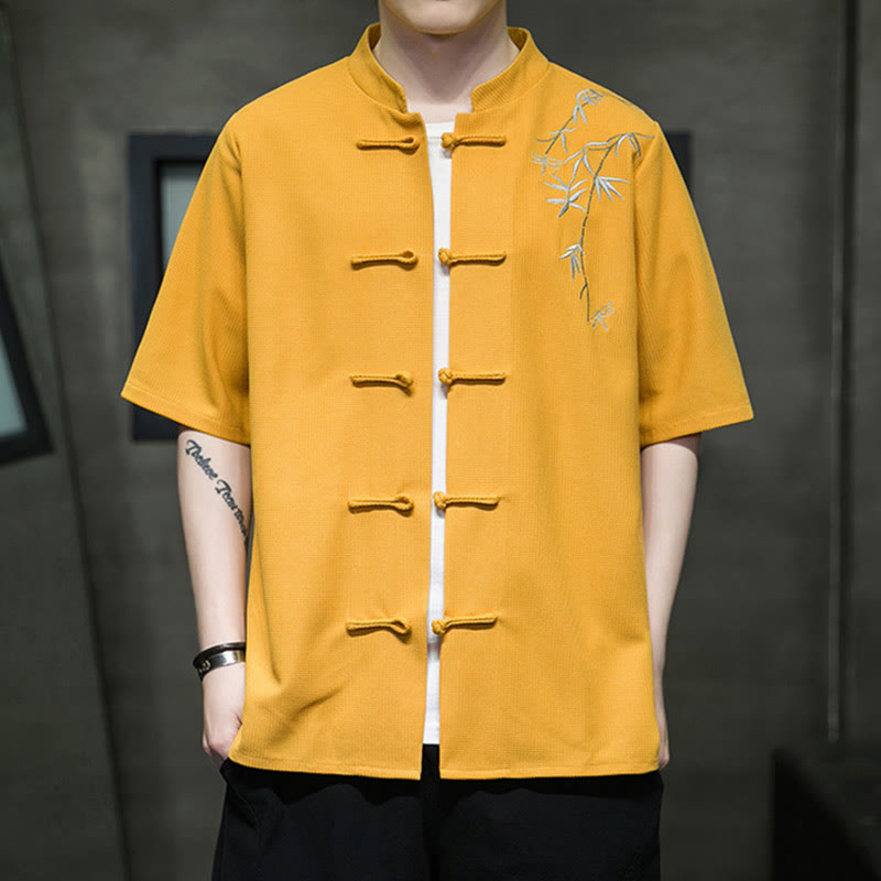 Buddha Stones Camisa de manga corta para hombre con bordado de libélula, hoja y botón de rana - Oro - US/UK/AU46, EU56 (5XL)  - image 7