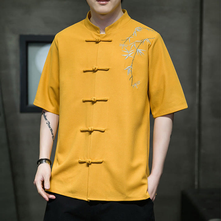 Buddha Stones Camisa de manga corta para hombre con bordado de libélula, hoja y botón de rana - image 8
