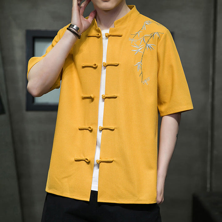 Buddha Stones Camisa de manga corta para hombre con bordado de libélula, hoja y botón de rana - image 13