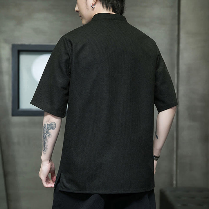 Buddha Stones Camisa de manga corta para hombre con bordado de libélula, hoja y botón de rana - image 17