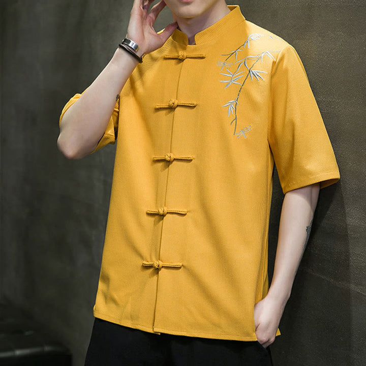 Buddha Stones Camisa de manga corta para hombre con bordado de libélula, hoja y botón de rana - image 14